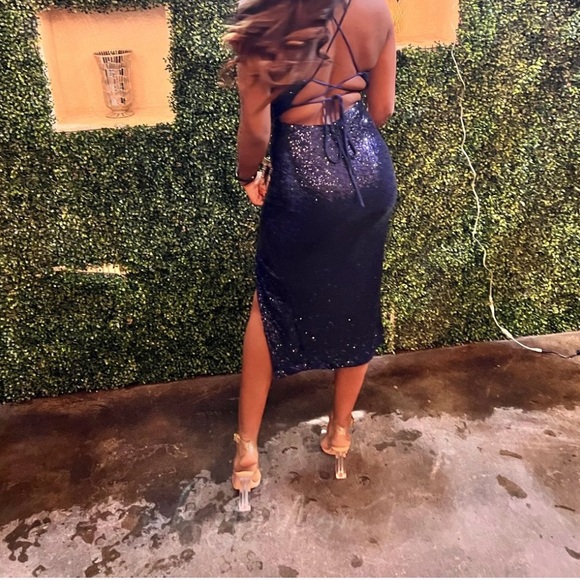 Dresses & Skirts - sequin navy blue slit deep v dress